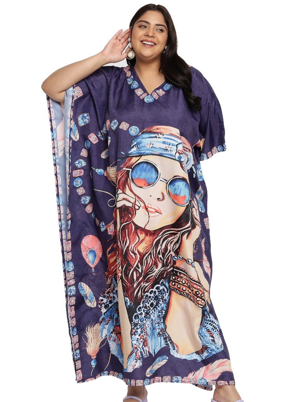 Plus Size Purple Lady Print Kaftan Dress Boho Resort Beach Cover Up